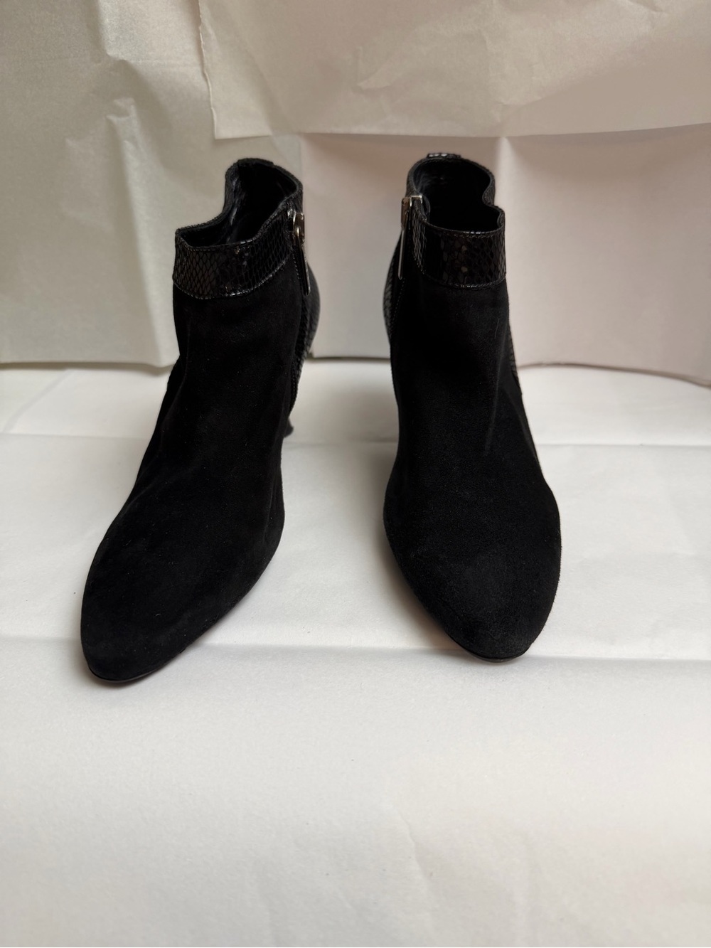 Aquatalia Black Suede Ankle Booties with Textured Collar